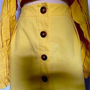 PrettyLittle Thing Yellow Ruched bardot crop top and  mini skirt